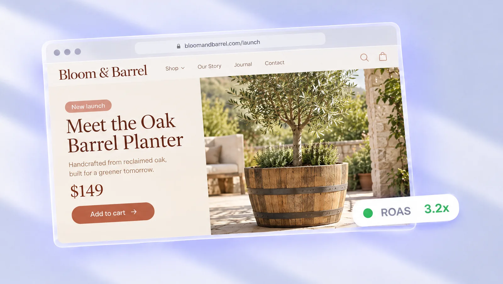 Bloom & Barrel's product launch page for an oak barrel planter, with 3.2x ROAS