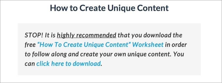 Since this content upgrade was designed for readers to use while they are reading through the post, Sean added in this prominent call to action right before the point in the post when readers can start filling out the worksheet.