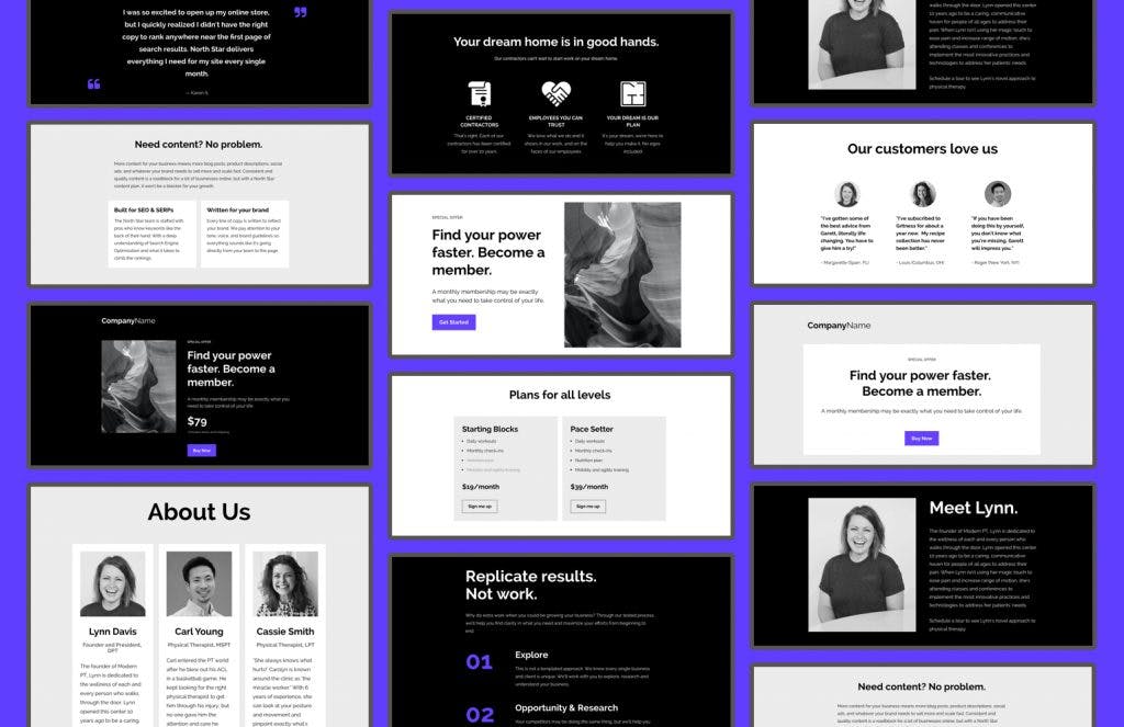 Each section is designed to be fully mobile responsive (right out of the box) and can simply be dragged and dropped onto any landing page or web page within the Leadpages builder. 