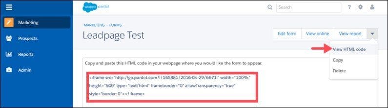 Copy your form code from Pardot before pasting it into Leadpages