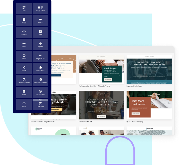 leadpages landing page template gallery with builder widget interface