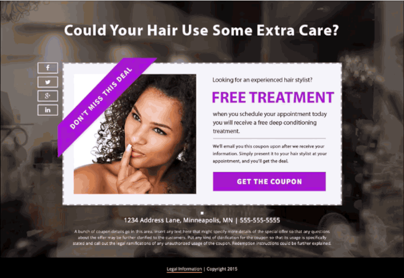 Two coupon landing pages for salon marketing