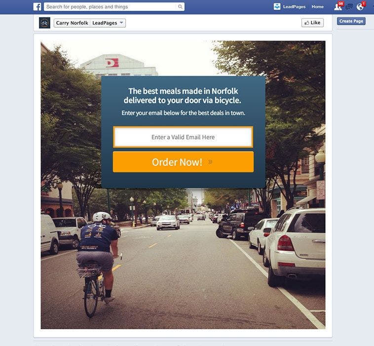 LeadPages users at Carry Norfolk created this Facebook landing page from the Basic Centered Squeeze Page inside LeadPages. 