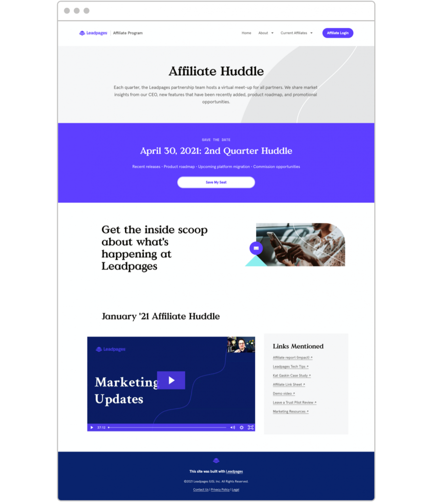 Affiliate marketing tips Leadpages Affiliate Huddle landing page
