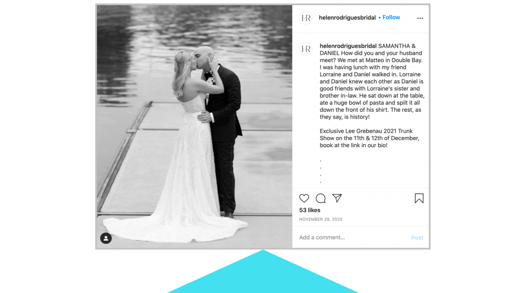 digital marketing trends 2021 helen rodrigues bridal ig graphic showing bride and groom kissing