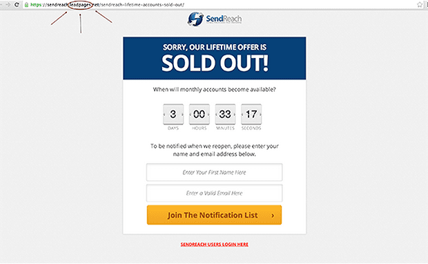 LeadPages customer, Chuck Mullaney of SendReach created this page from the “Sold Out” page inside LeadPages. 