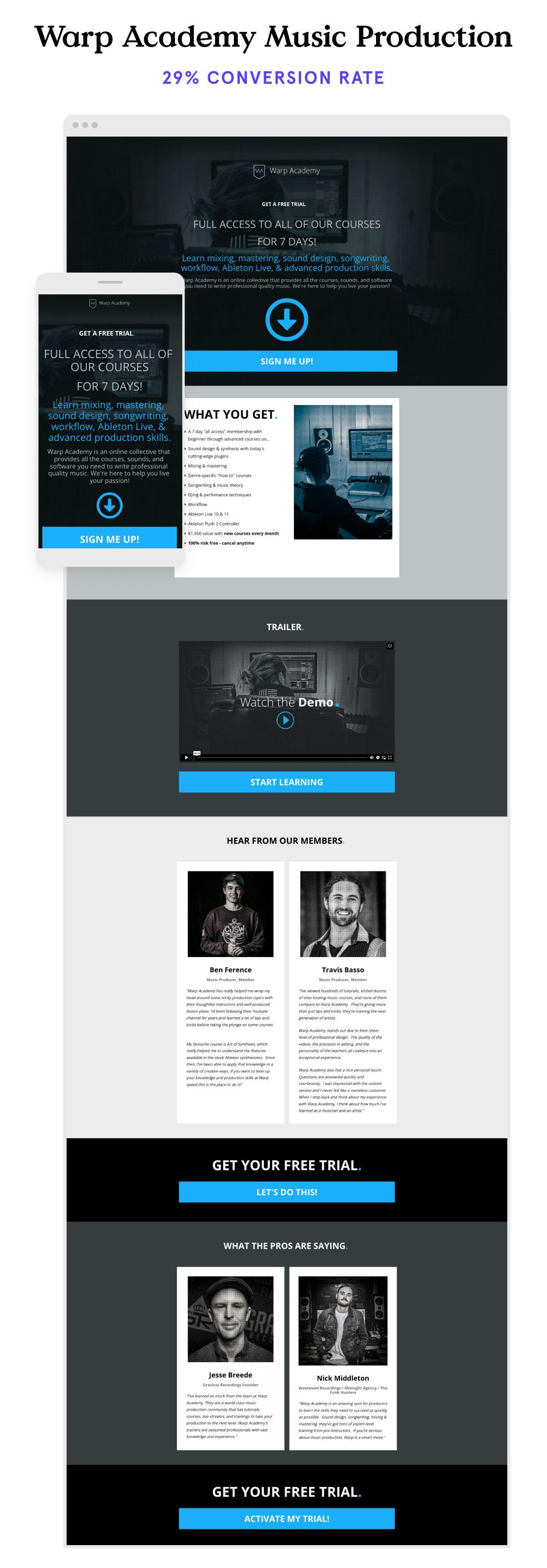 Free Trial Landing Page Example Music Production
