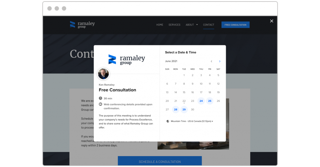 Ramaley Group website Calendly integration pop-up