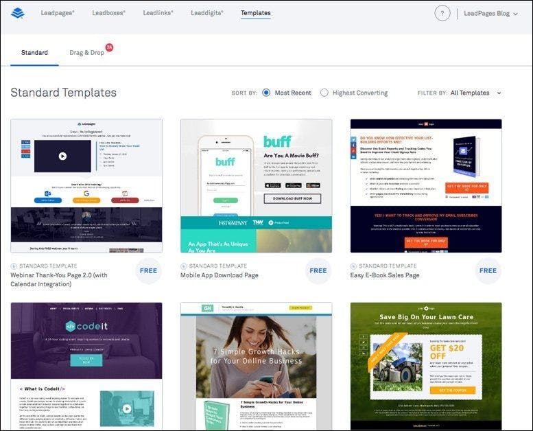A few of the 130+ free landing page templates that come with every Leadpages subscription