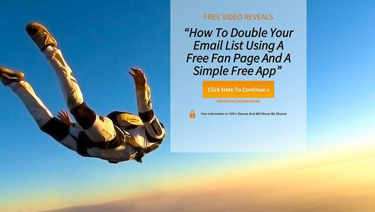 LeadPages customer, Bryan Moran of 5 Minute Marketing used the Basic Squeeze Page to create this skydiver opt-in page. 