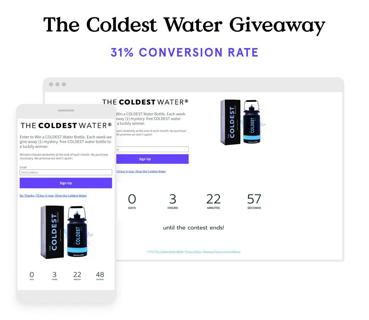 Water bottle giveaway landing page example