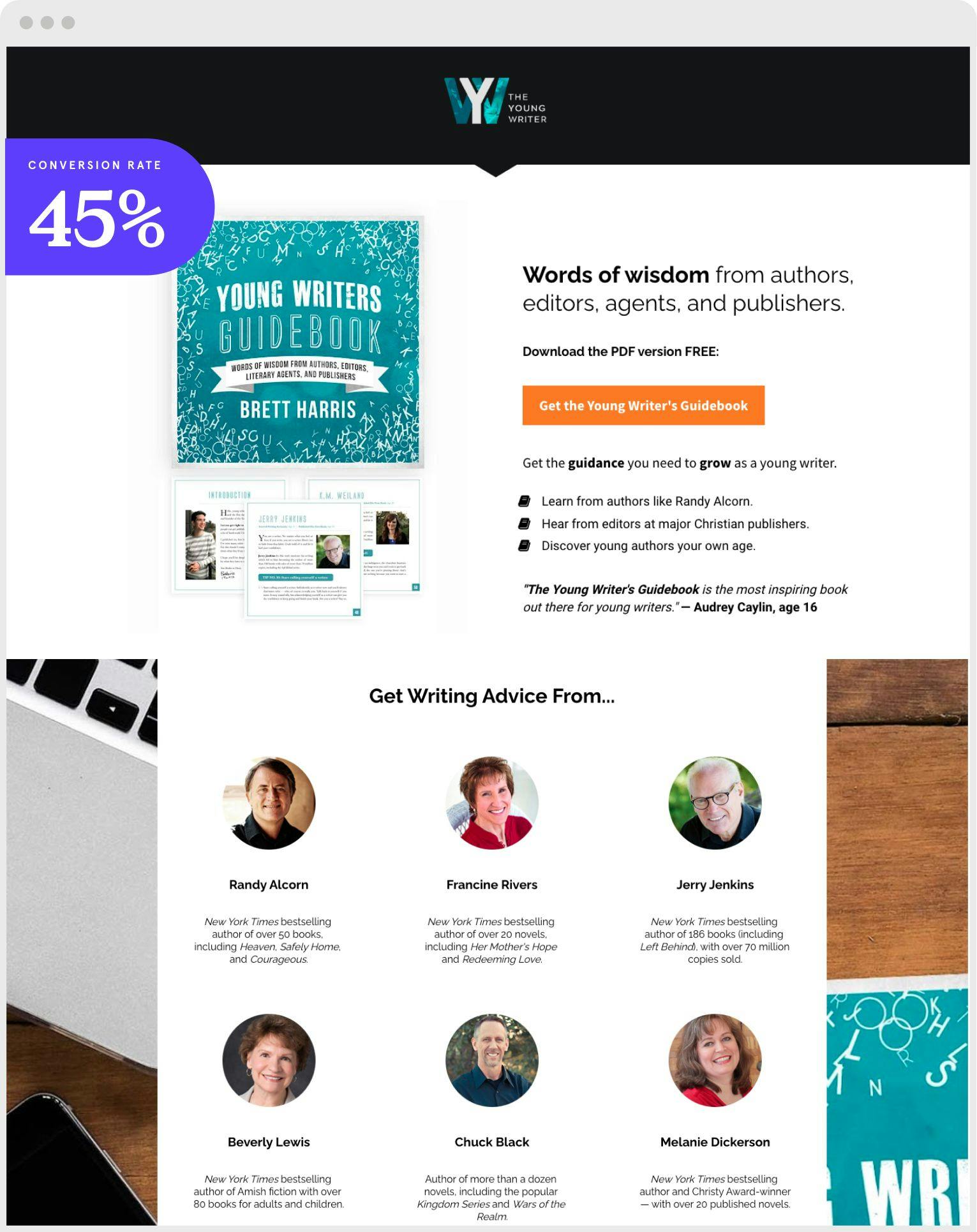 The Young Writer ebook landing page example