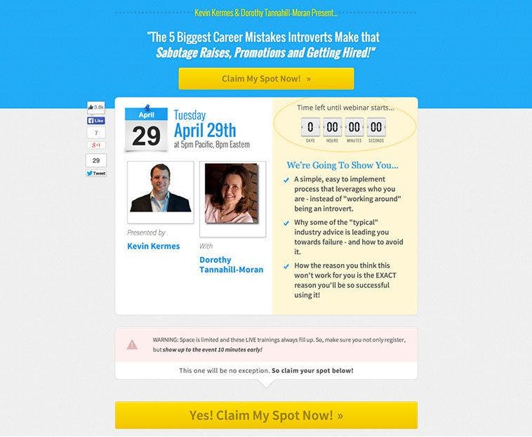 LeadPages User, Kevin Kermes used the Webinar 2.0 (Two Hosts & High CTA button) page to create this compelling webinar registration page.