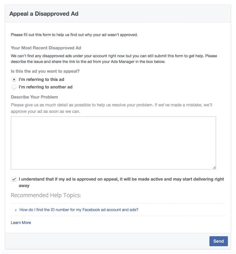 facebook ad not approved facebook ad appeal leadpages