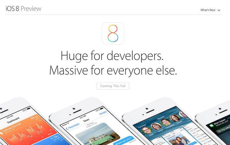 A screenshot of what’s above the fold on the iOS 8 landing page.