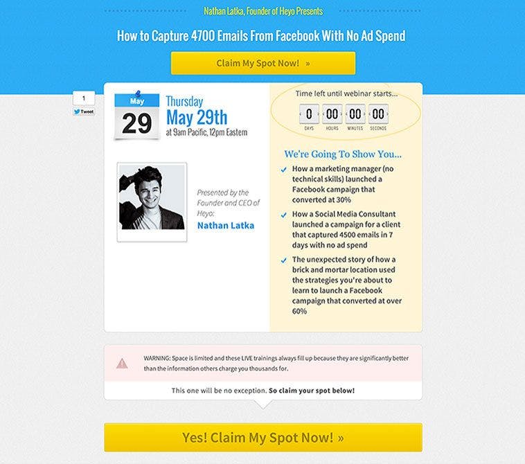 LeadPages user and Founder of Heyo Nathan Latka created this webinar page from the Webinar 2.0 Page (Two Hosts with a High CTA) inside LeadPages. 