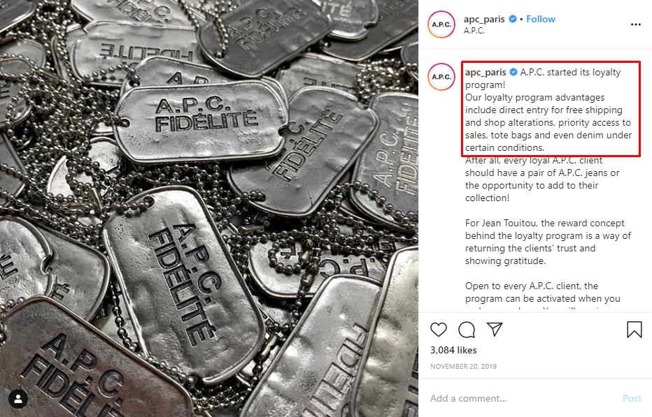 A.P.C Paris on Instagram–Promote loyalty programs