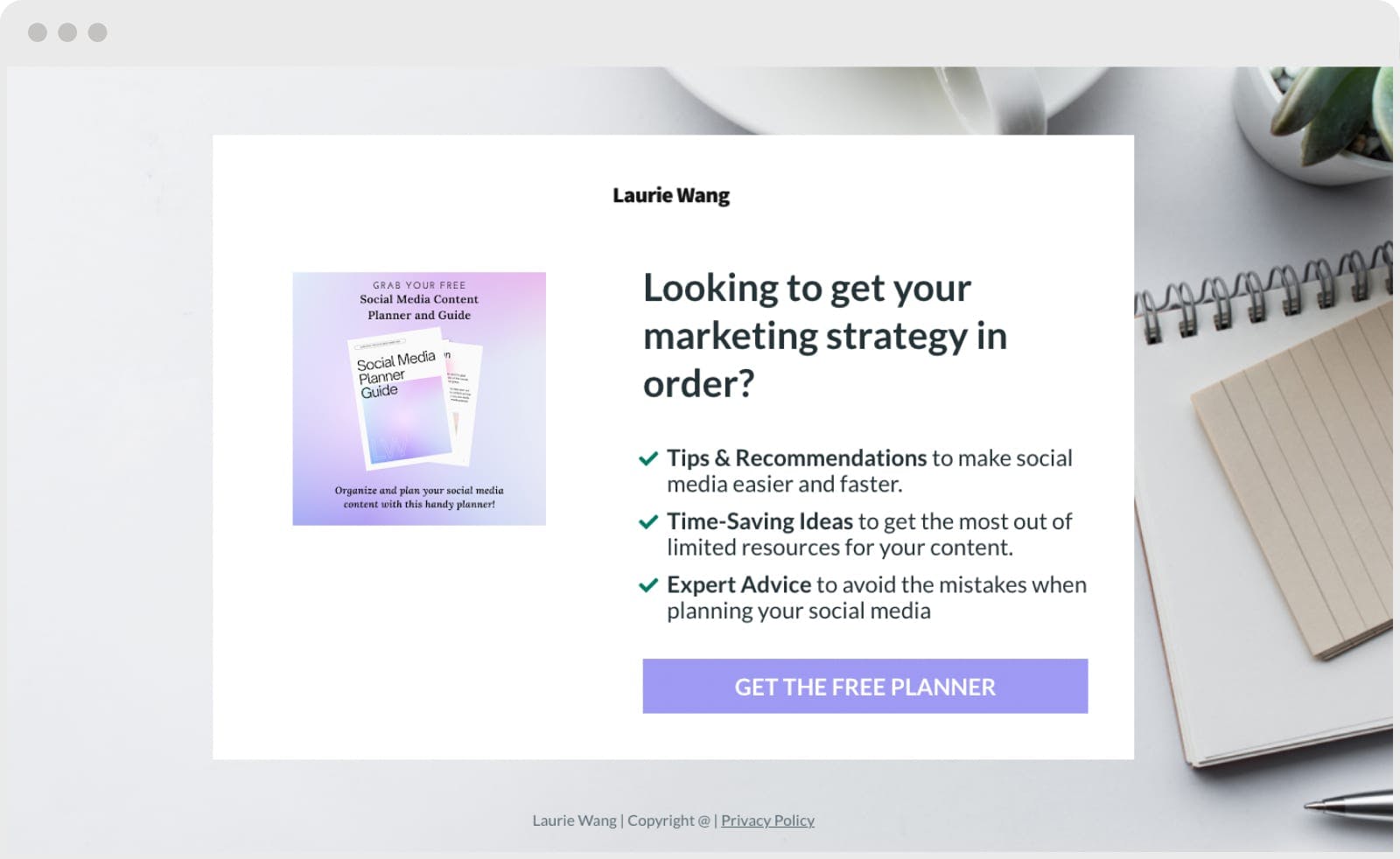 free planner lead magnet landing page example created by Laurie Wang