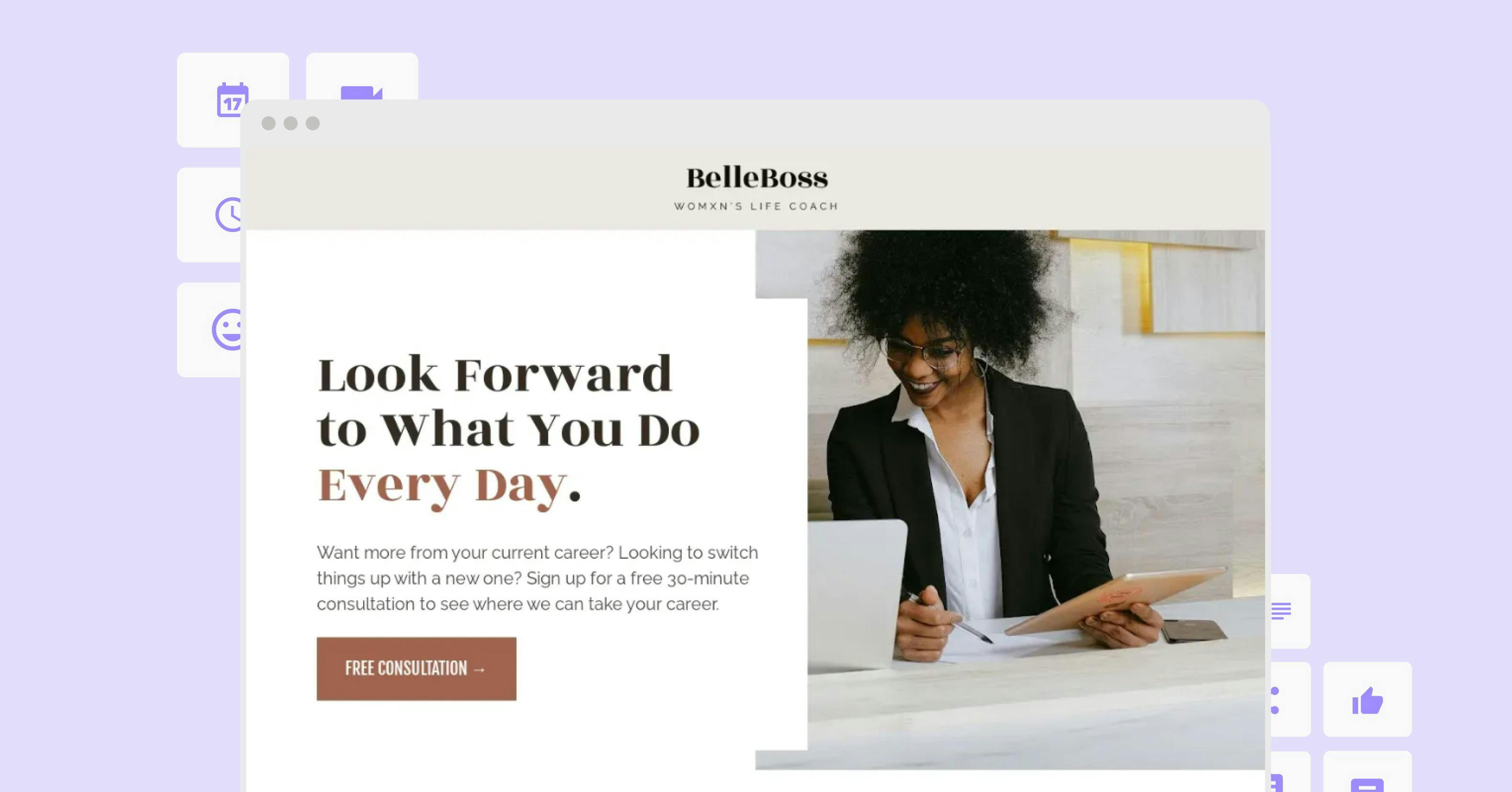 An example of a light purple landing page featuring a woman engrossed in her work, happily examining her laptop screen while holding a pen and iPad. This image illustrates which attributes describe a good landing page experience.