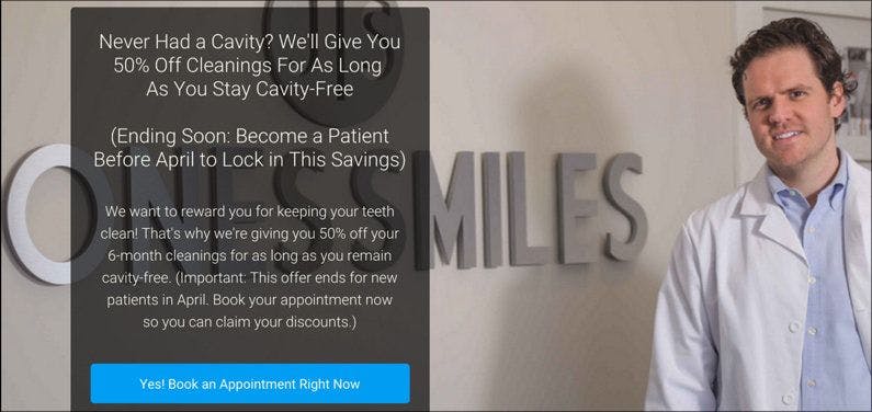 If you know you’re removing a feature or discount, you can use it as a “last chance” promotion like this one. (Page: Kirk Behrendt Dental Page.)