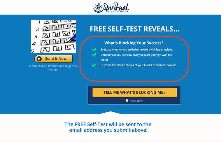 LeadPages users, Maggie and Nigel Percy used the new Perfect Squeeze Page from Justin Brooke to create this self-test opt-in page for Spiritual Business Formula. 