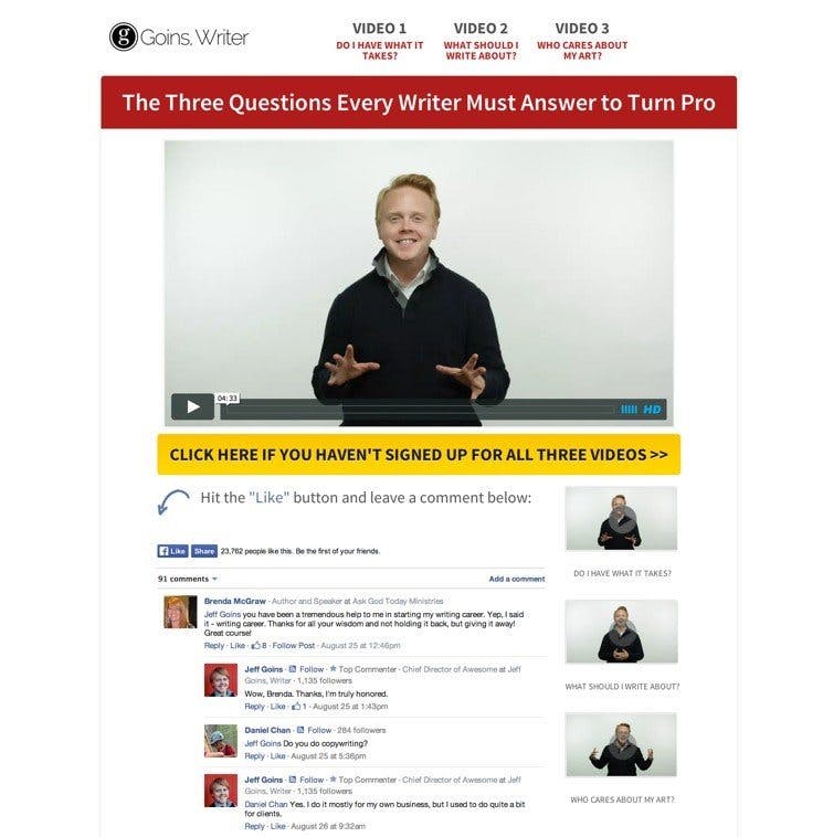 Goins. Writer rocks the Launch Funnel Template for his three videos.
