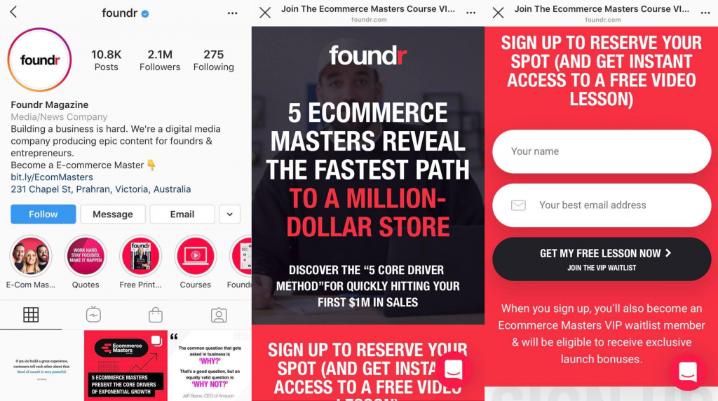 Foundr Instagram Profile Page–Link to a lead generation landing page to help get leads and sales from Instagram 