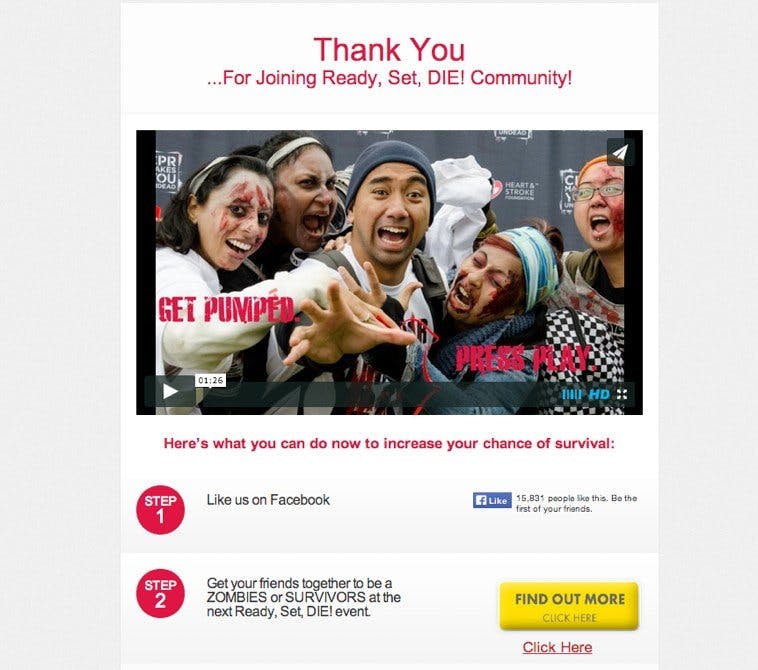 The LeadPages users at Ready, Set, Die! (a zombie-themed 5k race), use our Thank You Page template to drive both Facebook likes and traffic to their website.