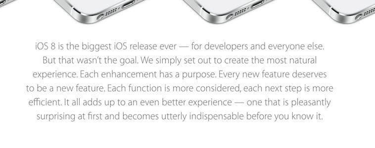 The first paragraph on Apple’s iOS 8 landing page.