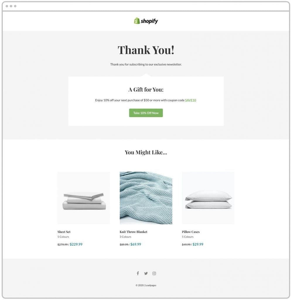 Leadpages Landing page template for thanking Shopify Customers and offering a gift