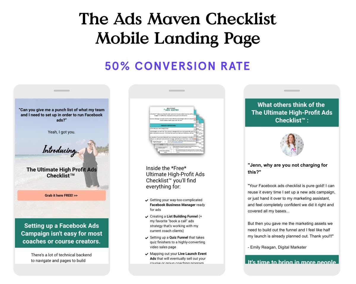 Checklist mobile landing page example