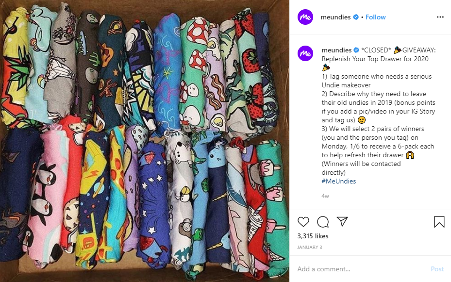 Me Undies on Instagram–Give away branded freebies to help get leads and sales from Instagram 