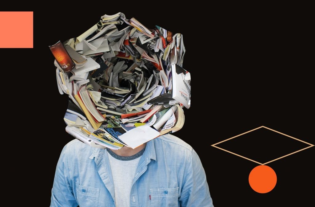 Man with lots of books, papers, and notebooks swirled around his head