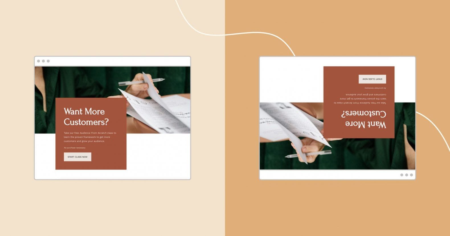 image showing two browser frames with the same landing page, one upside-down and one right-side up