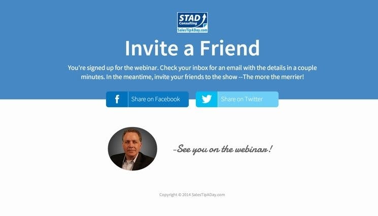 STAD invites more people to their webinar with the Invite A Friend Thank You Template.