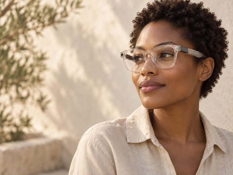 Woman wearing Lumen glasses outdoors