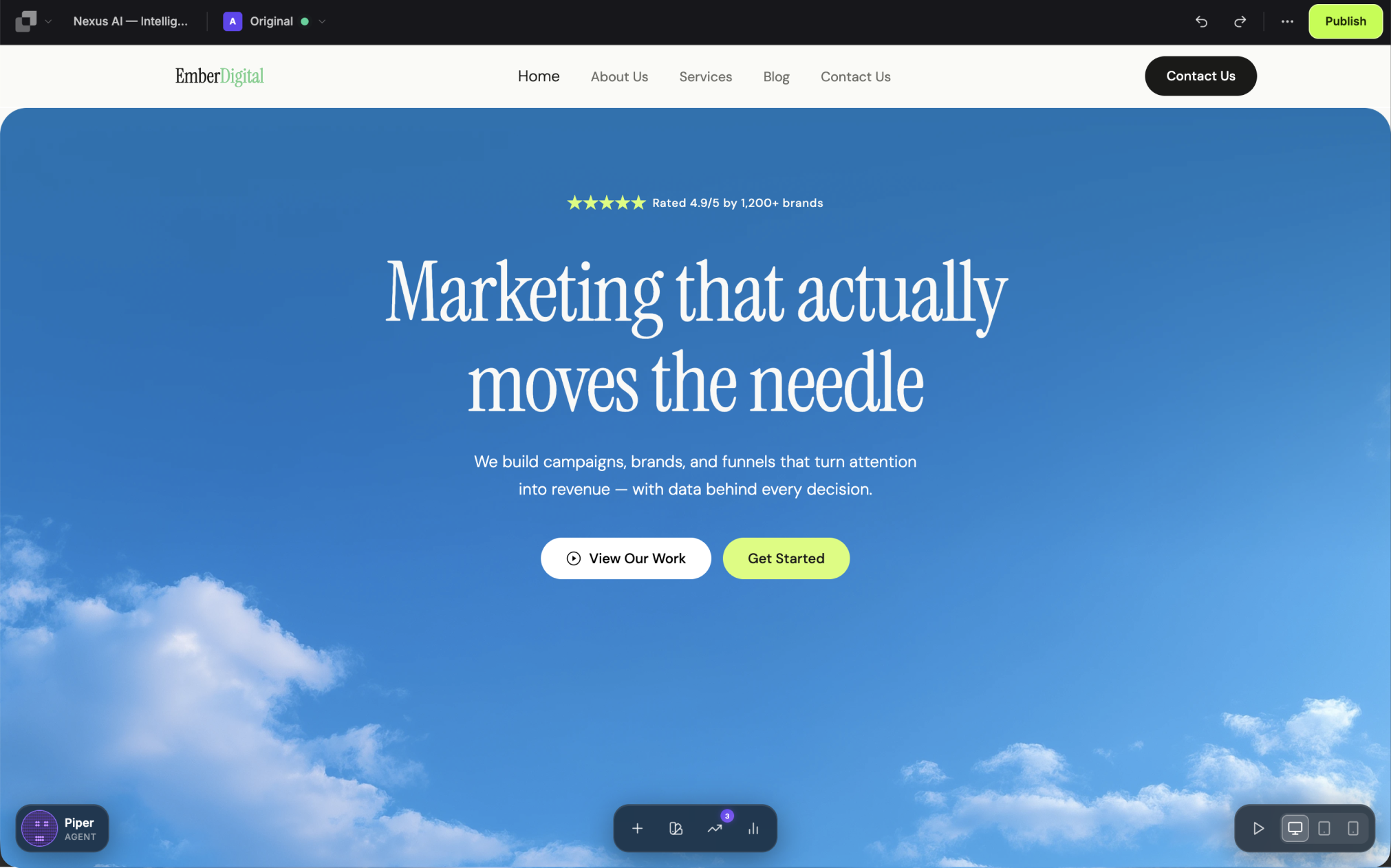 The Leadpages editor with a generated landing page open, showing the page canvas, AI assistant and publishing controls