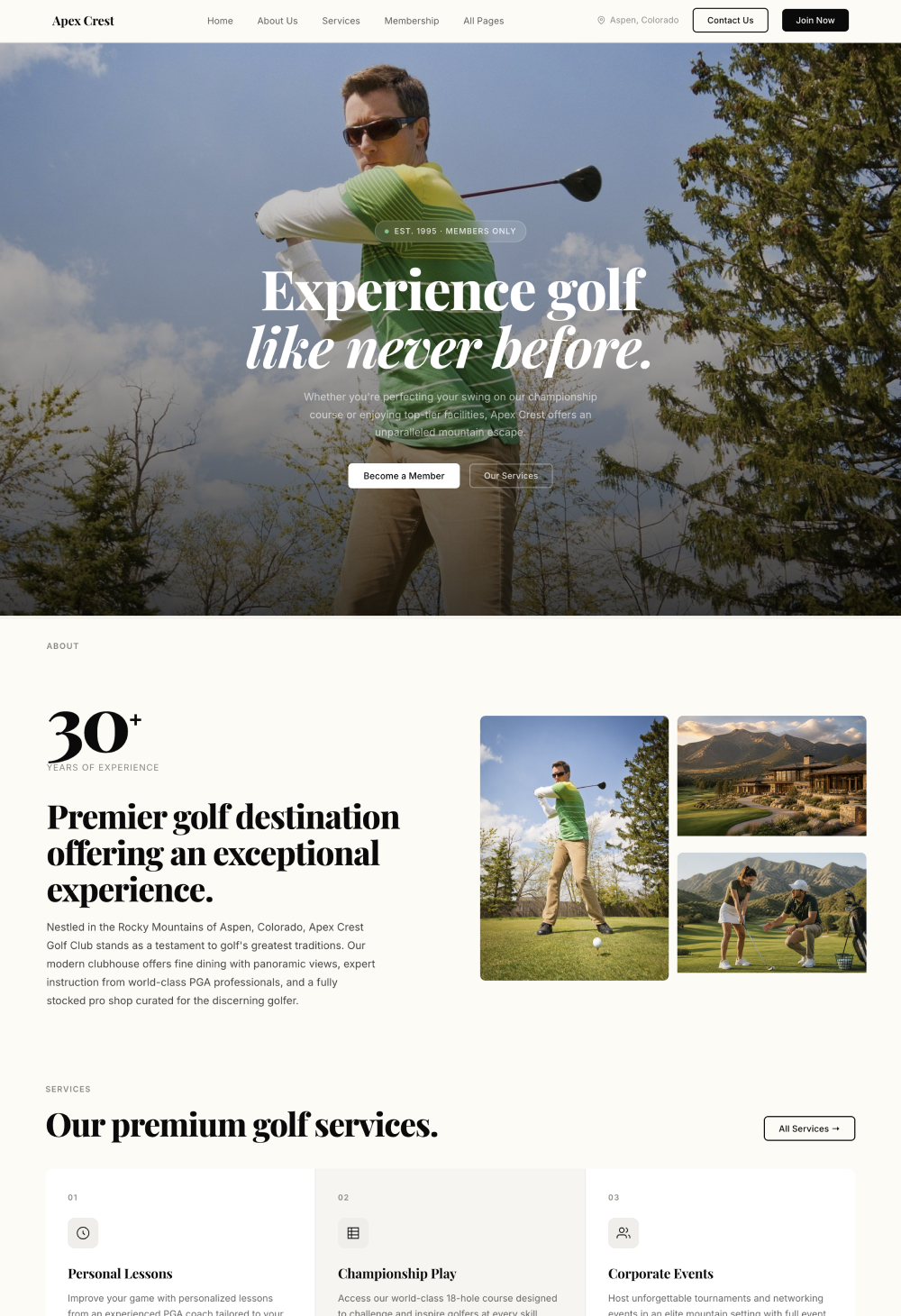 A generated landing page for a golf club in Aspen