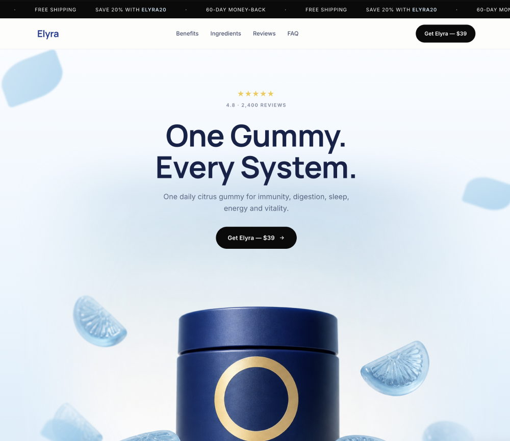A generated ecommerce landing page for a supplement brand